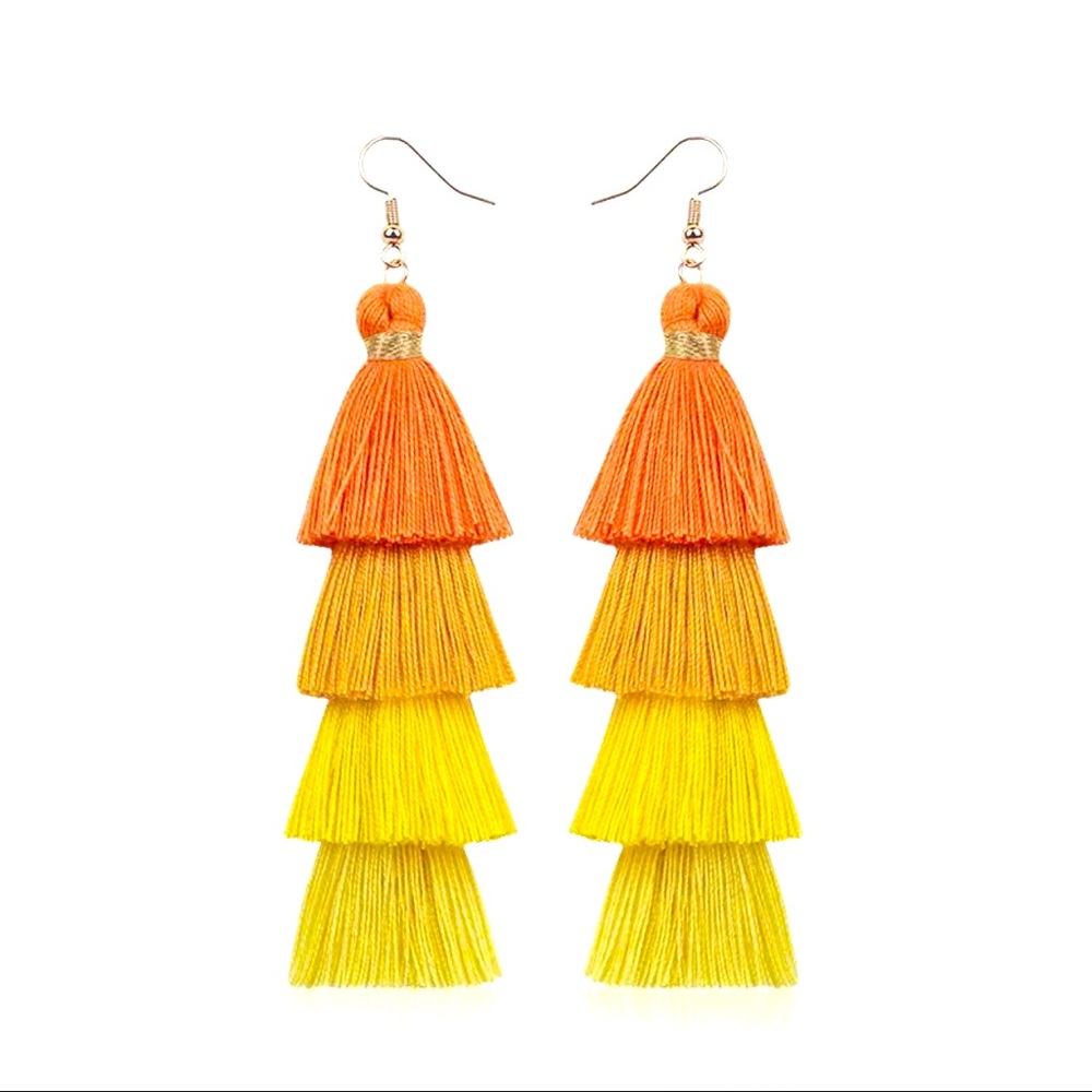 Tassel Earrings 4 Layers Yellow Orange Ombre Drop 
Dangle Handcrafted